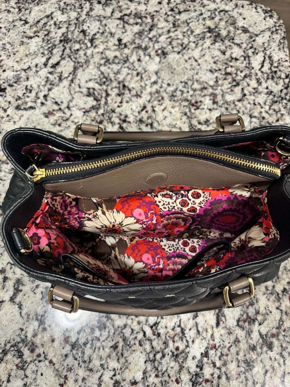 Vera Bradley Quilted Leather Satchel Tote Black Taupe Floral Lining - Picture 8 of 10